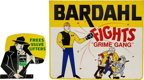 Lot of 2 Bardahl Motor Oil Additive Single Sided Tin Signs Fights Grime Gang & Frees Valve Lifters: 17" x 20" & 10" x 10", Group of two SST (single sided tin) sign have very good color and shine. The larger Fights "Grime Gang" sign has outstanding graphics. The field exhibits fine scratches with sma