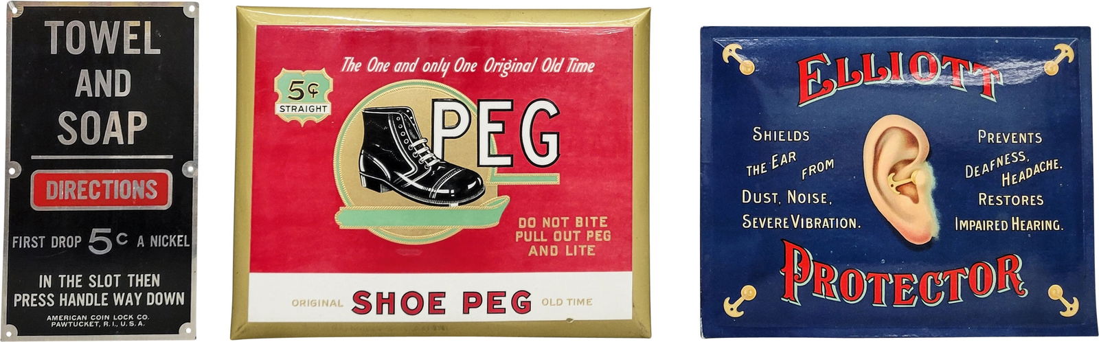 Group of Three Celluloid Shoe Peg & Elliott Protector w/ Towel & Soap Single Sided Tin (1 of 2)