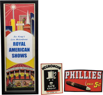 Lot of 3 Lion Motordrome Thrill Show Poster Negronoir Caf? & Phillies Cigars Single Sided Tin Sign: 44" x 16.5", group of three includes a Motordrome poster that has been framed under glass, an AGE UNKNOWN Negronoir SST (single sided tin) embossed self-framed sign and an AGE UNKNOWN Phillies 5 Cent