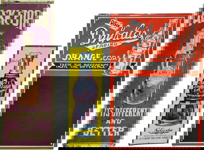 Group of Three Single Sided Tin Signs NuGrape Queen Cola & Dybala's Spring Orange Soda: 13.75" x 5", Group of three SST (single sided tin) signs. The NuGrape SST (single sided tin) embossed sign has light bends throughout with small paint chips and a tiny non-factory hole in the upper ou