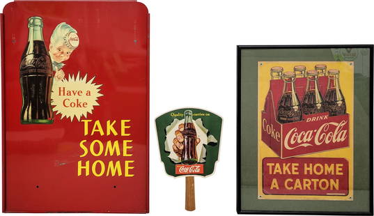 Coca Cola Advertising Lot: This lot consists of a Coca Cola cardstock fan measuring 7.75" x 11.5", which is in very good condition. Additionally, there is a 1945 Coca Cola cardboard framed under glass, sized 14.25" x 18.25 ", e