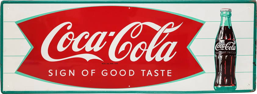 Coca Cola "Sign of Good Taste" Single Sided Tin Sign w/ Fishtail & Bottle: 12" x 32", SST (single sided tin) self-framed sign has excellent color and shine. The field is very clean overall with light wear in the outer fields. The perimeter has minor bends with areas of paint