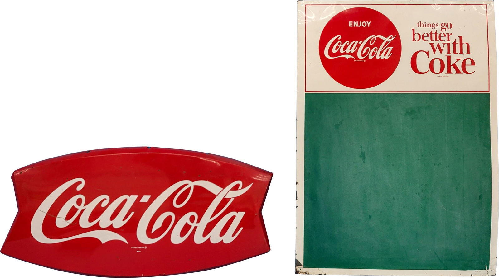 Lot of Two Coca Cola Single Sided Tin Signs Fishtail & Menu Board (1 of 2)