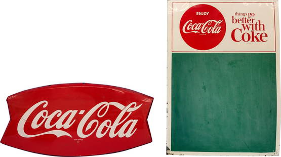 Lot of Two Coca Cola Single Sided Tin Signs Fishtail & Menu Board: 12.5" x 26", lot of two Coke signs include a SST (single sided tin) convex fishtail sign and a SST (single sided tin) crimped edge menu board sign. The fishtail sign has very good color and shine. The