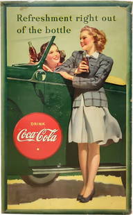 1942 Drink Coca Cola "Refreshment Right out of the Bottle" Cardboard Advertising Sign: 50" x 30", Single-sided Coke cardboard sign has very good color and shine. The field exhibits areas of discoloration, scuffs and light creases. The perimeter has heavier wear with additional creases,