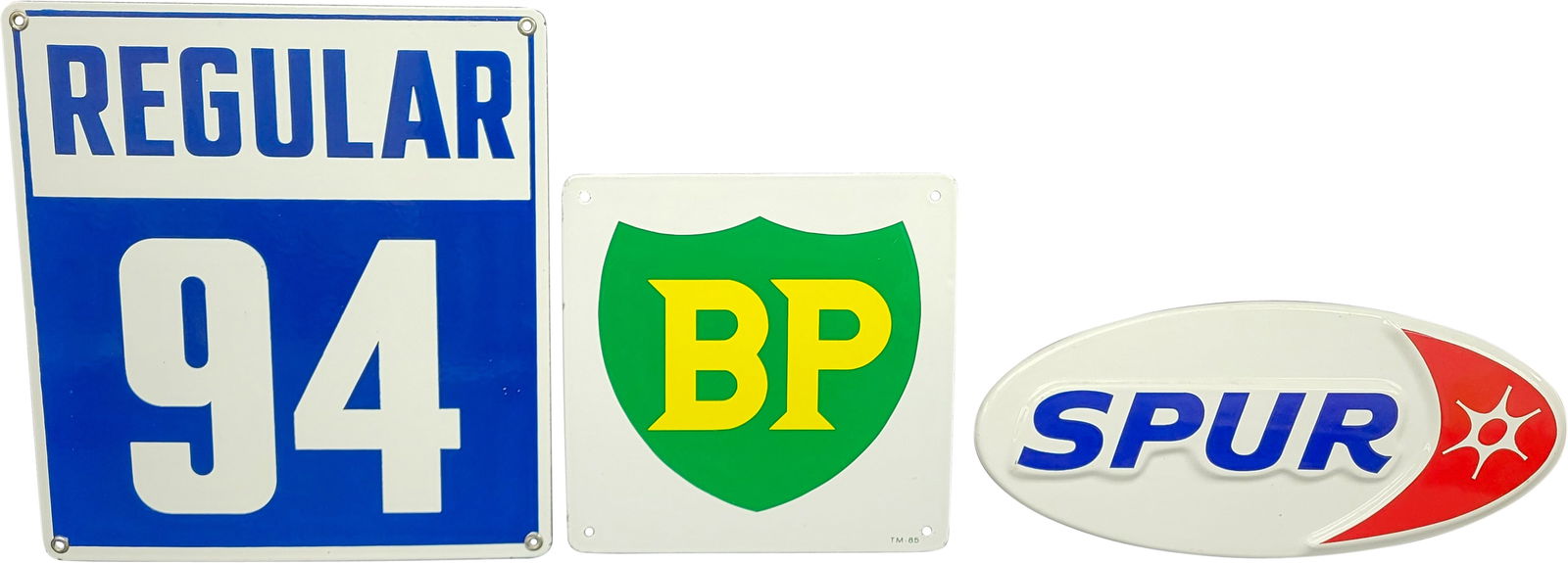 Group of Three Single Sided Porcelain Gas Pump Plate Signs Spur BP & Regular 94 (1 of 2)