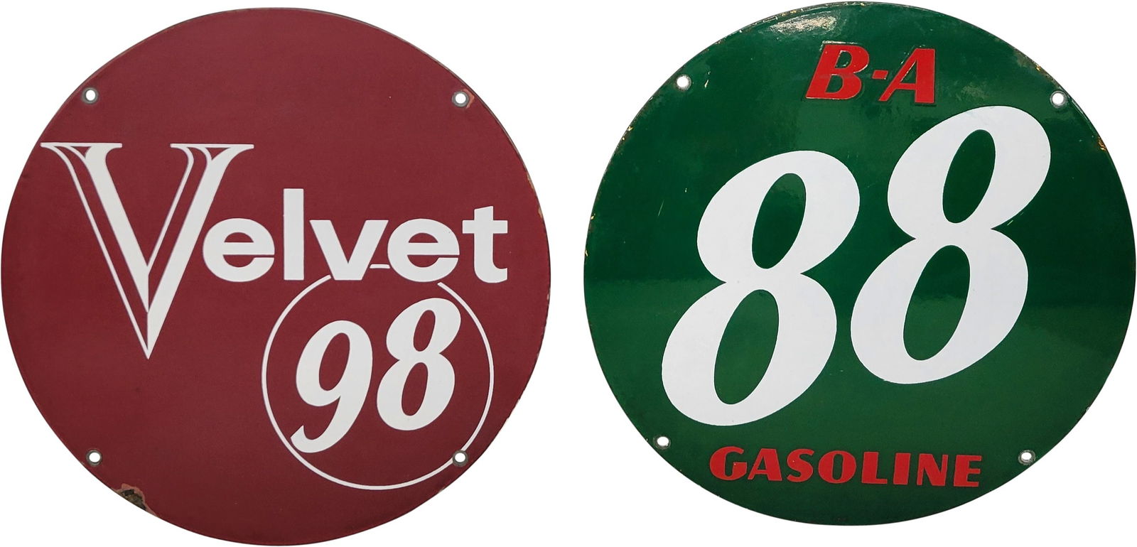 Group of Two Single Sided Porcelain Pump Plates B-A 88 Gasoline & Velvet 98 (1 of 2)