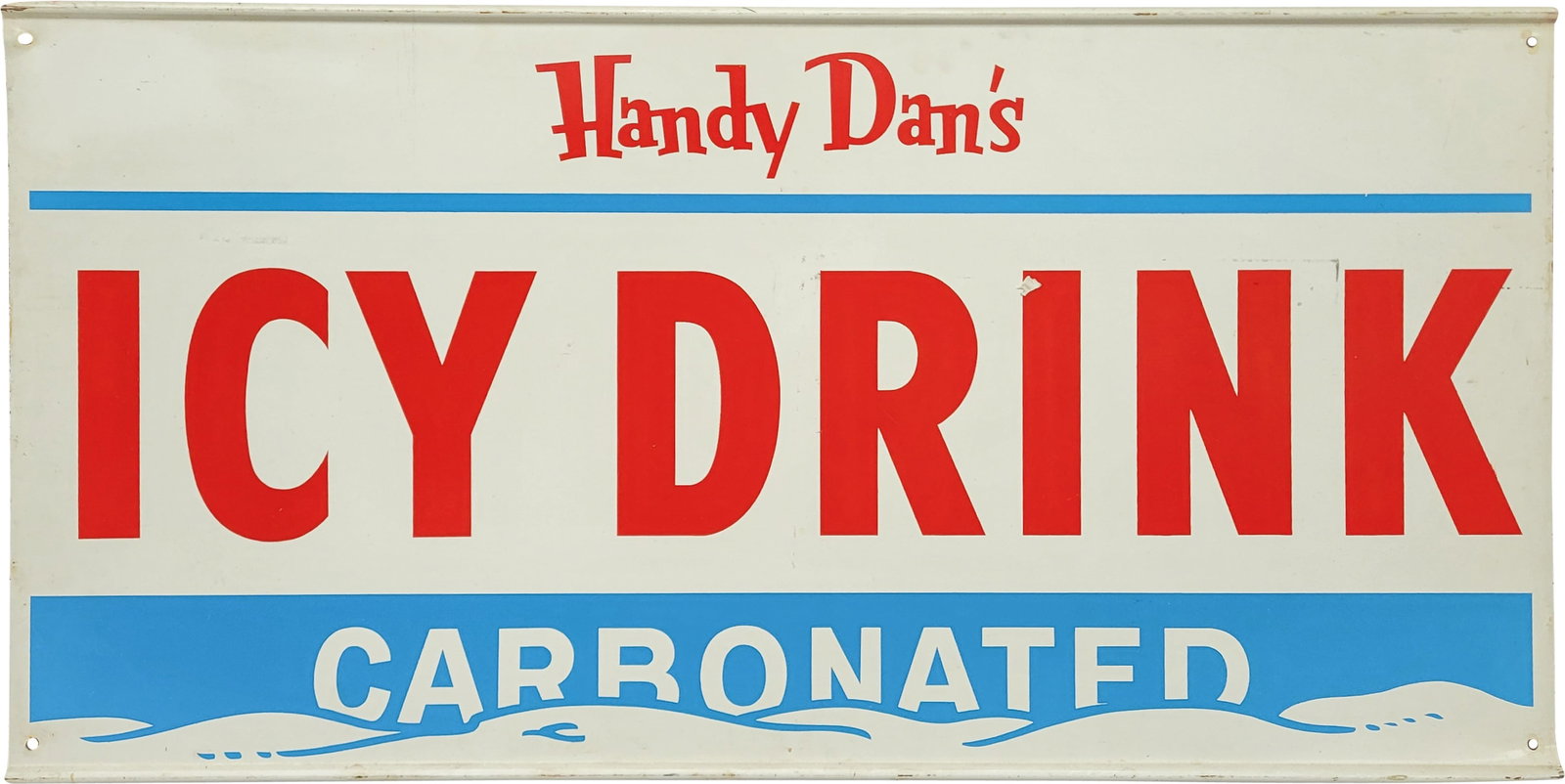 Handy Dan's Icy Drink Carbonated Double Sided Tin Sign: 36" x 18" DST (double sided tin) sign has a rolled top and bottom edge. Side one has bright color with minor wear including light scratches and subtle small stains. The reverse is similar with minor t