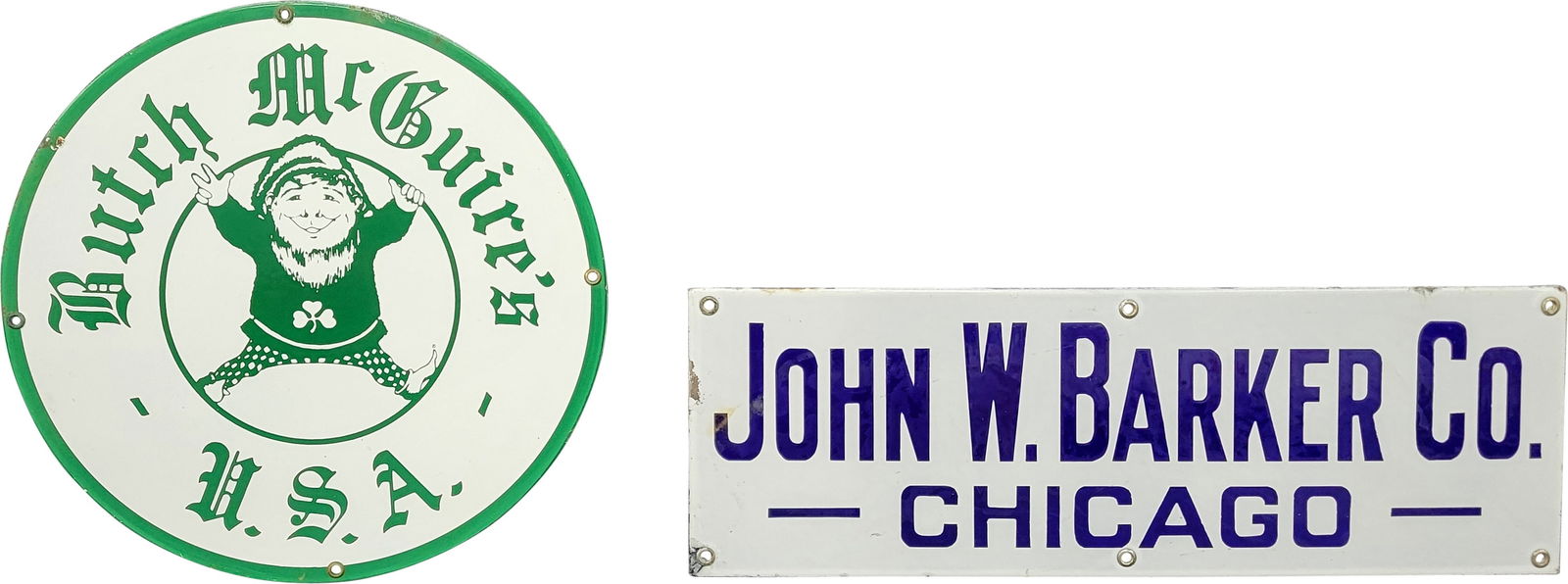 Group of Two Chicago Single Sided Porcelain Signs Butch McGuire's & John W. Barker Co. (1 of 2)