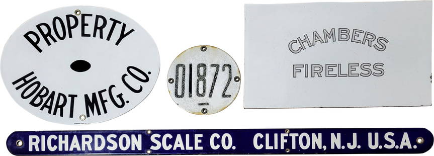 Collection of 4 Single Sided Porcelain Signs: This lot of 4 features a 40" x 2.5" Richardson Scale Co. sign from Clifton, N.J. U.S.A., which displays good color and has minor edge wear. Also, there is a 17.25" x 10.25" Chambers Fireless sign that