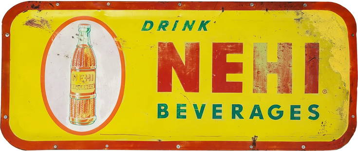 Drink Nehi Beverages Single Sided Tin Bubble Sign w/ Bottle: 22" x 51.5", SST (single sided tin) bubble sign has moderate color and shine. The sign has general age-related wear with fading, fine scratches, and areas of paint loss. The right outer field and edge