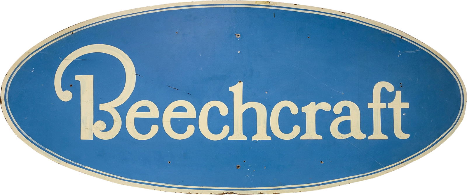 Beechcraft 72" SS Sign: 72" x 30" single-sided oval Masonite sign displays good color. There are several scratches on the surface along with multiple small non-factory holes in the field. Moderate wear is noticeable along th