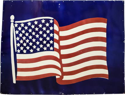 United States Flag 4' Single Sided Porcelain Sign: 36" x 48", AGE UNKNOWN SSP (single sided porcelain) sign has excellent color and gloss. The field has light wear with factory imperfections. The perimeter has small chips with light wear. Condition: A