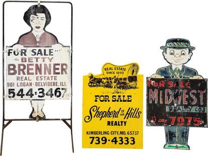 Misc. Real Estate Sign Lot: This lot includes 3 real estate signs in varying conditions. The Betty Brenner SST (single sided tin) sign measures 47.5" x 21.5" and the Midwest Realty die cut SST (single sided tin) sign measures 20