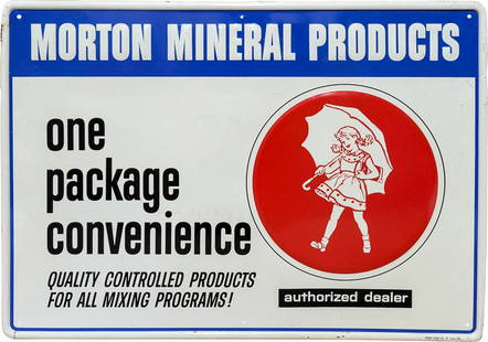 Morton Mineral Products Single Sided Tin Sign: 27" x 19.25" Morton embossed SST (single sided tin) sign features the well-known Morton logo. The sign has a self-framed perimeter showing light wear and some minor surface rust. Overall, the field is