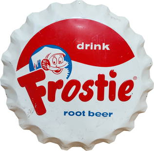 Drink Frostie Root Beer Bottle Cap Sign: 22.5" SST (single sided tin) embossed bottle cap sign with Frostie logo. The sign has good color with signs of wear including scuffs and scratches.