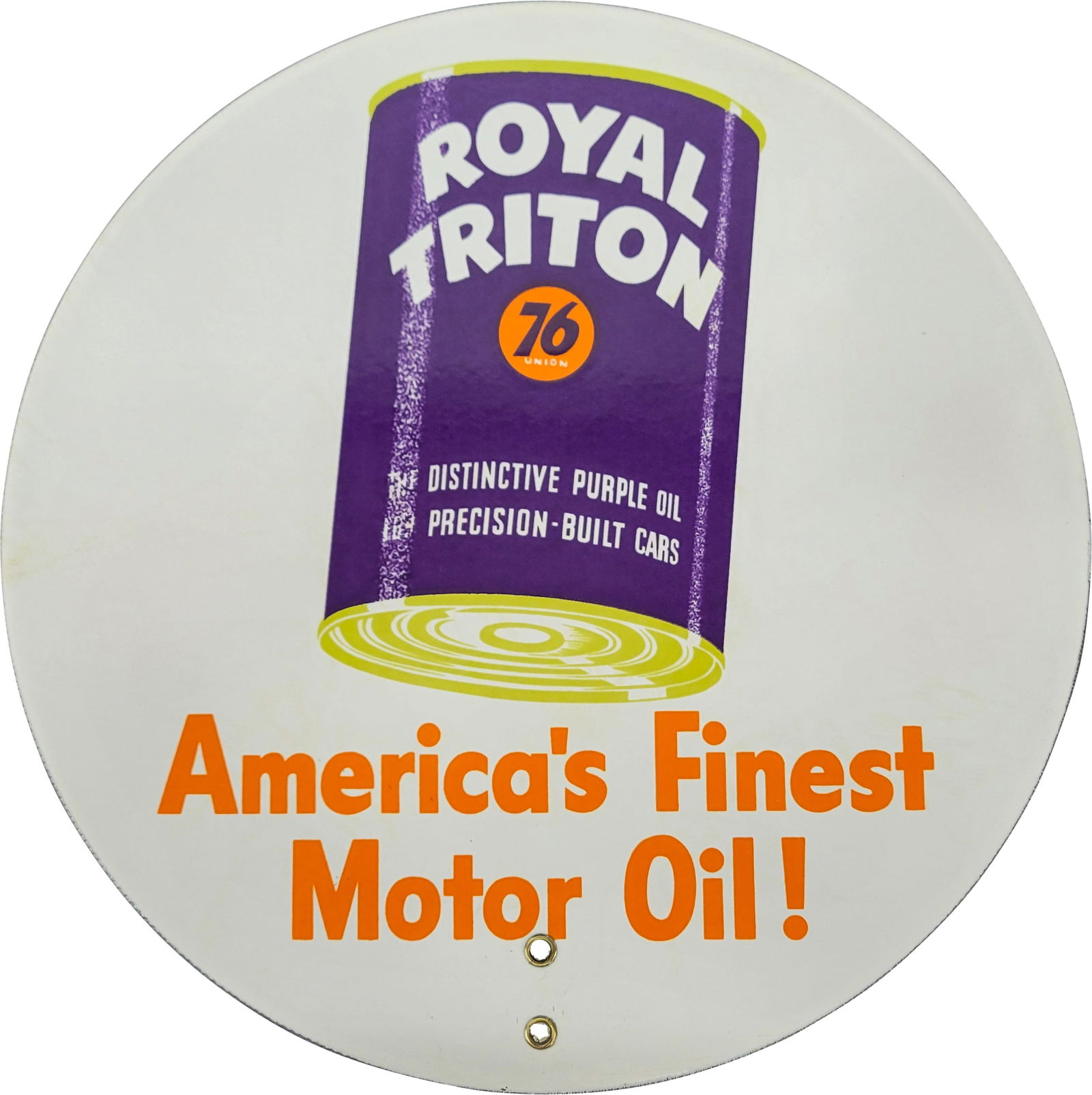 Union 76 Royal Triton "America's Finest Motor Oil" 14" Single Sided Porcelain Sign w/ Quart Can (1 of 2)