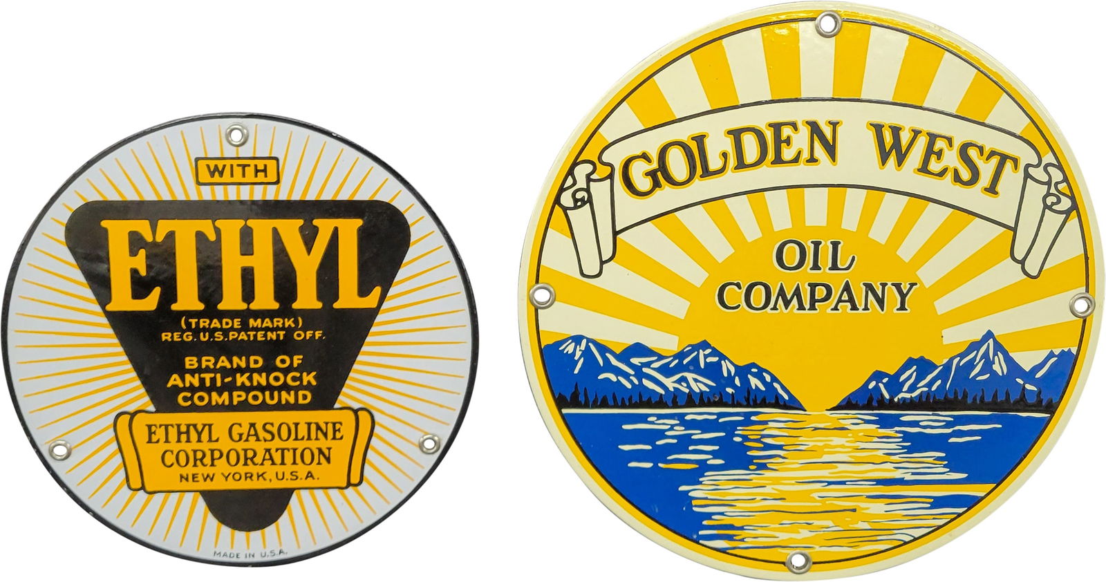 Group of Two Single Sided Porcelain Signs Ethyl & Golden West Oil Company (1 of 2)