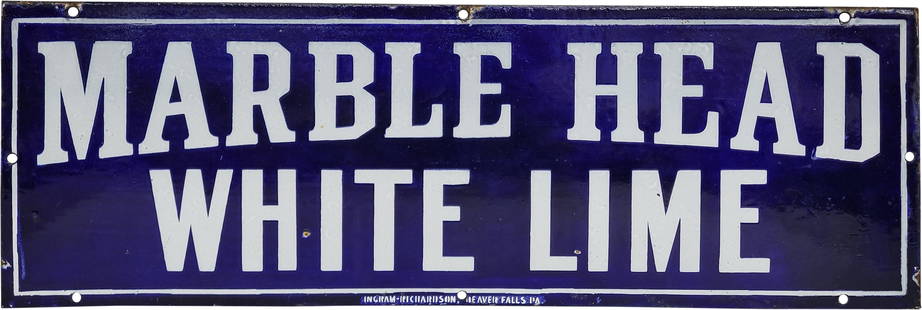 Marble Head White Lime Single Sided Porcelain Sign: 24" x 8" SSP (single sided porcelain) displays good color and gloss with typical signs of wear including light scuffs, and discoloration along the top perimeter. Ingram-Richardson, Beaver Falls, PA.