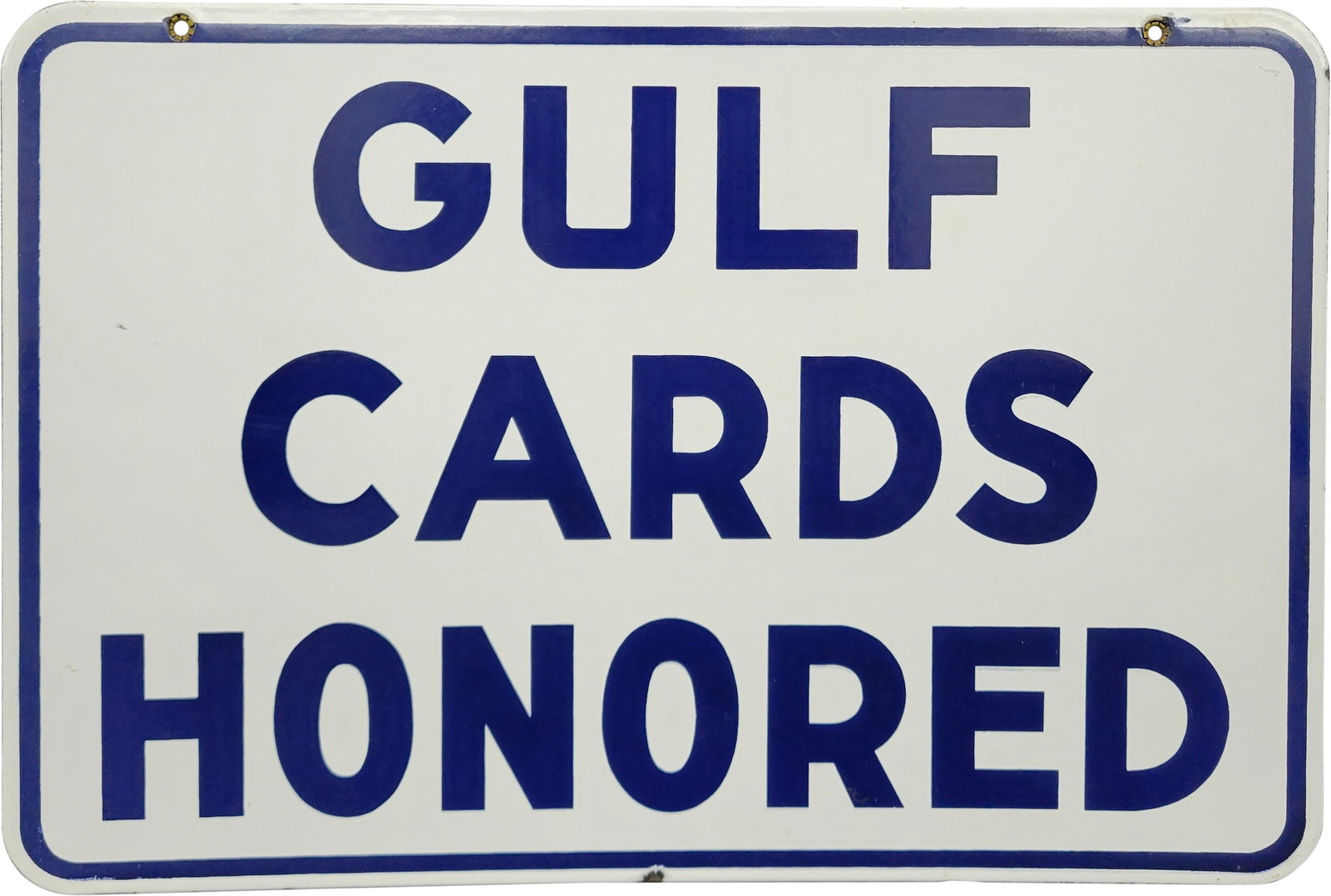 Gulf Cards Honored Gasoline Service Station Double Sided Porcelain Sign: 12" x 18", DSP (double sided porcelain) sign has excellent color and gloss. Side #1 has a clean field with minor surface imperfections and tiny chips along the outer edges. The reverse is very similar