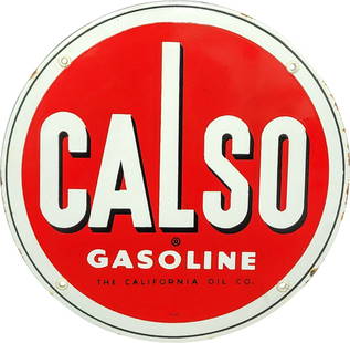 Calso Gasoline "The California Company" Single Sided Porcelain Pump Plate Sign: 11" D., SSP (single sided porcelain) sign has excellent color and gloss. The field has a few small factory blemishes present. The perimeter has crazing near the lower right mount hole and small chips