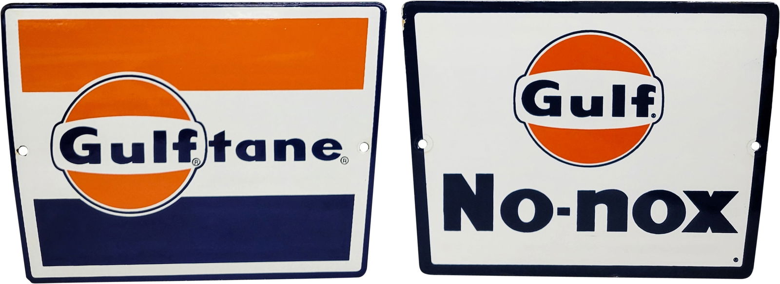 Group of Two Gulf Single Sided Porcelain Gas Pump Plate Signs No-Nox & Gulftane w/ Logos (1 of 2)