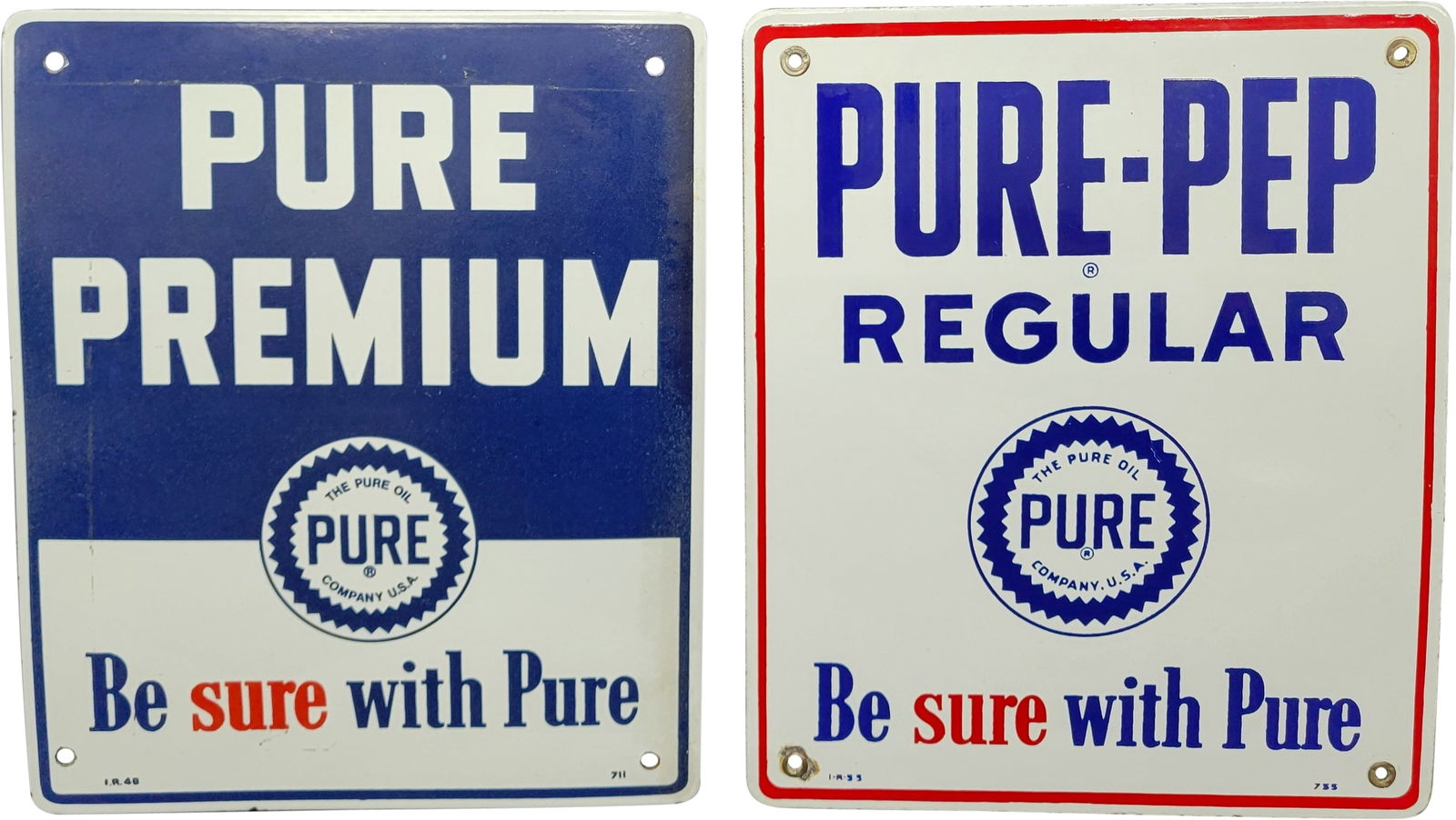 Group of Two Pure Single Sided Porcelain Gas Pump Plate Signs Pure-Pep Regular & Premium (1 of 2)