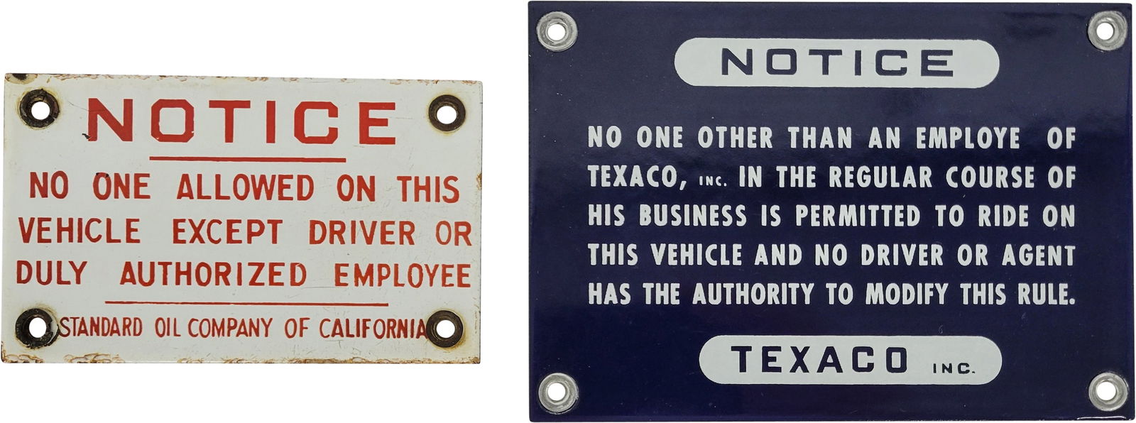 Group of Two Small Single Sided Porcelain Signs Texaco & Standard Oil of California Notice (1 of 2)