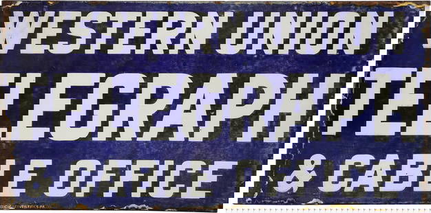 Western Union Telegraph & Cable Office Double Sided Porcelain Flange Sign: 12" x 24", DSP (double sided porcelain) flange has good color and gloss. The display has light surface wear with discoloration and cloudiness to the blue porcelain enamel. The perimeter has oxidation