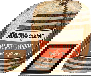 Richardson and Hires Root Beer Advertising: This lot of 2 includes a 21" x 26" SST (single sided tin) die-cut Richardson Root Beer barrel sign, which exhibits signs of wear such as scratches, bends, missing paint, and minor surface rust. Also i