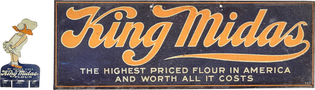 King Midas Sign and Tin Litho Stand Up: 13" x 4.5" SST (single sided tin) sign on cardboard has a dull finish and displays light edge wear. Also included is a small die-cut tin litho girl, measuring 3.75" x 2", which is the well-known trade
