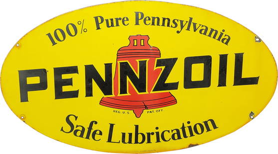 Pennzoil Safe Lubrication Double Sided Porcelain Sign: 31" x 18" DSP (double sided porcelain) sign displays the Pennzoil logo on both sides. There are multiple minor factory circle imperfections noticeable in the field and perimeter, especially on one sid