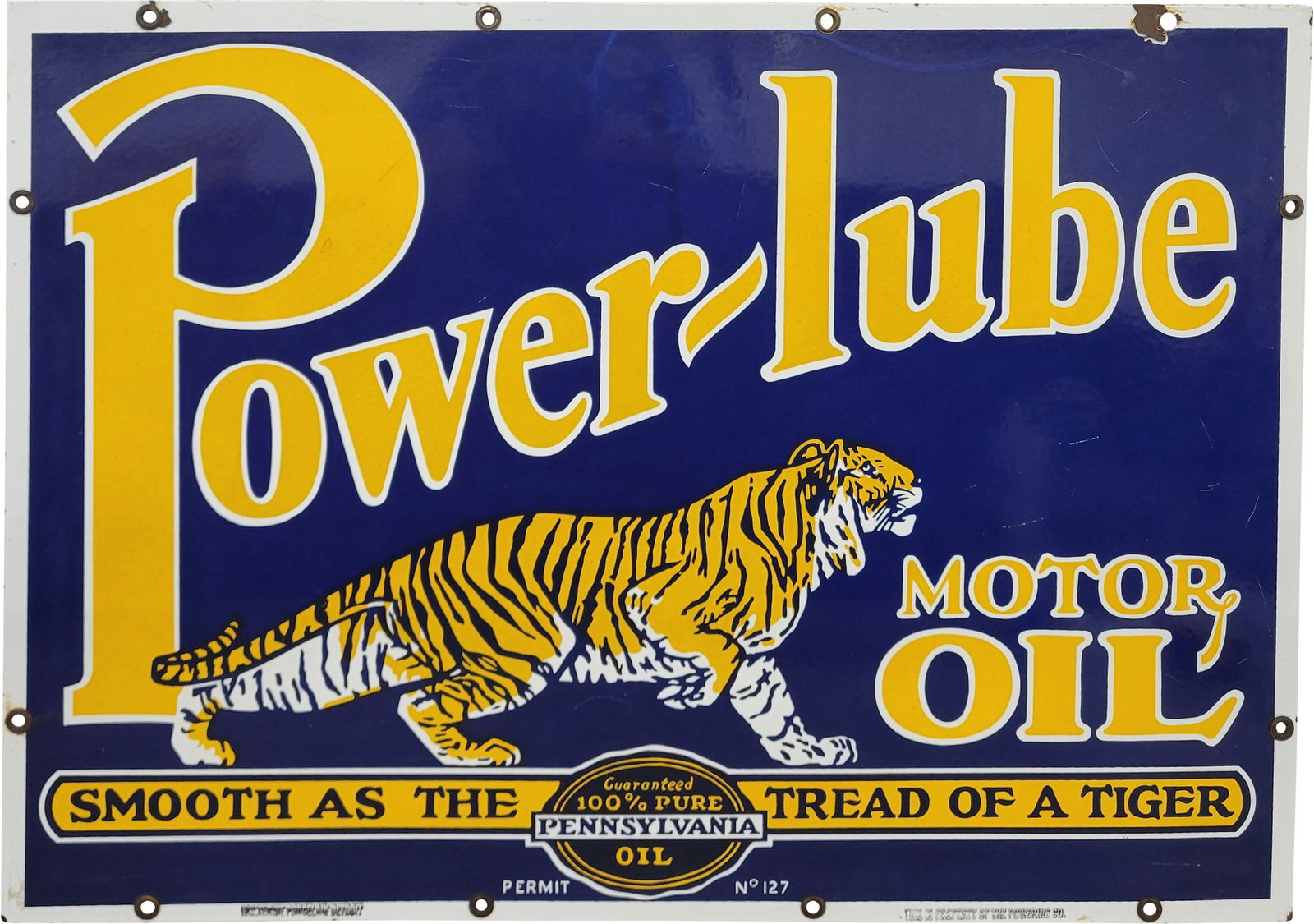 Powerlube Motor Oil "Smooth as the Tread of a Tiger" Double Sided Porcelain Sign (1 of 2)