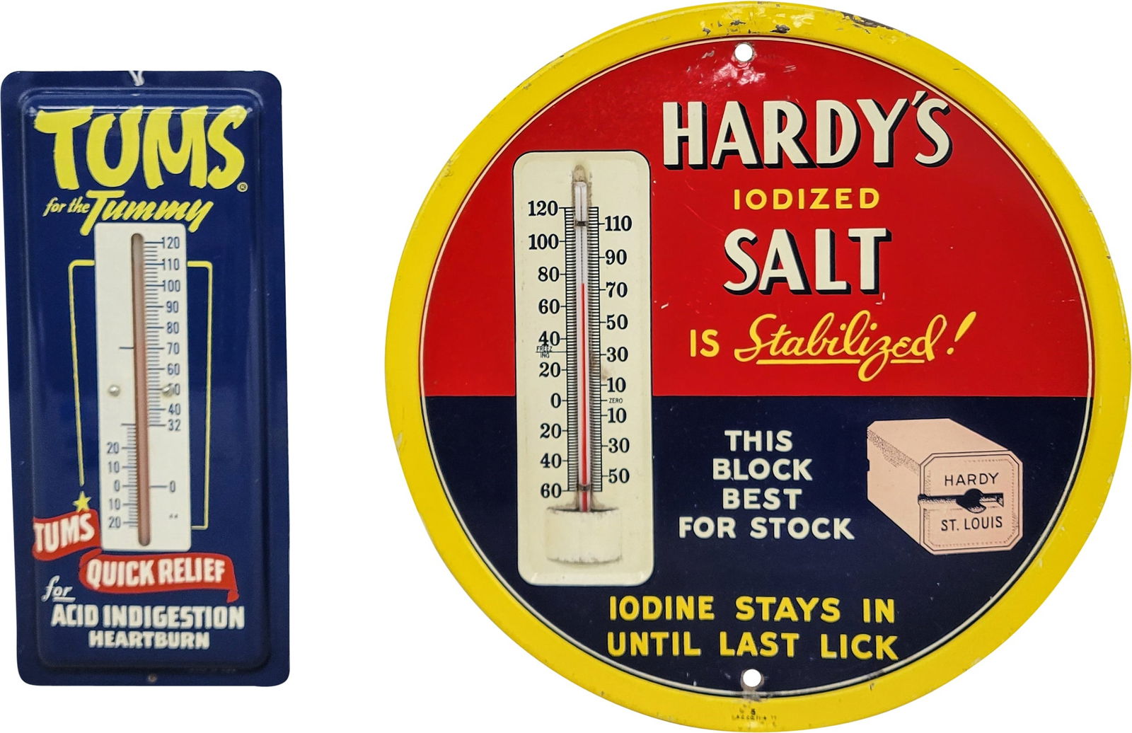 Group of Two Single Sided Tin Advertising Thermometers Hardy's Salt & Tums (1 of 2)