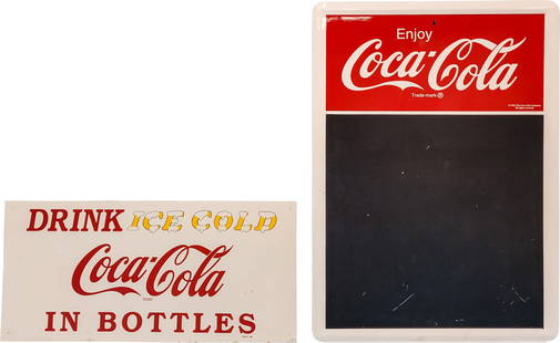 Group of Two Coca Cola Single Sided Tin Sign w/ Menu Board: 11.25" x 23.75", group of two includes an AGE UNKNOWN SST (single sided tin) sign and a SST (single sided tin) self-framed menu board. The SST (single sided tin) sign has light surface wear with a min
