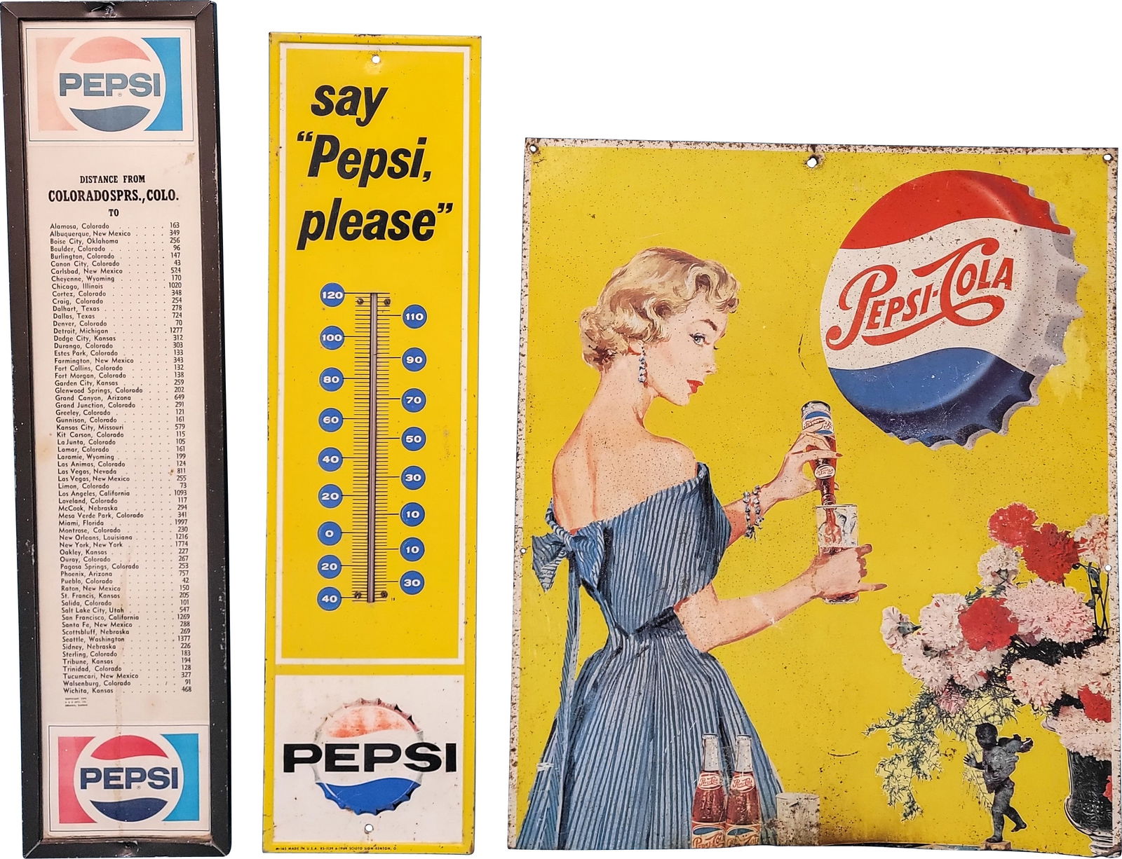 Group of 3 Pepsi Cola Single Sided Tin Sign Distance Marker & Thermometer (1 of 2)