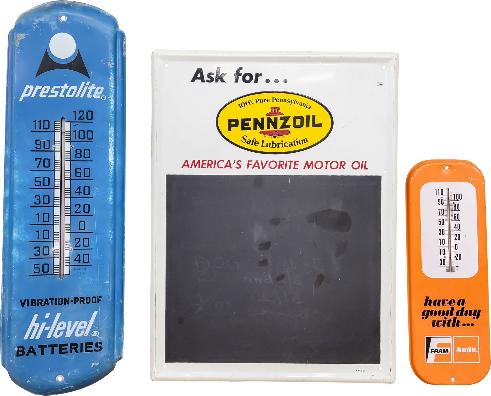 Group of Three Pennzoil Motor Oil Menu Board Sign w/ Prestolite & Fram Autolite Thermometers (1 of 8)