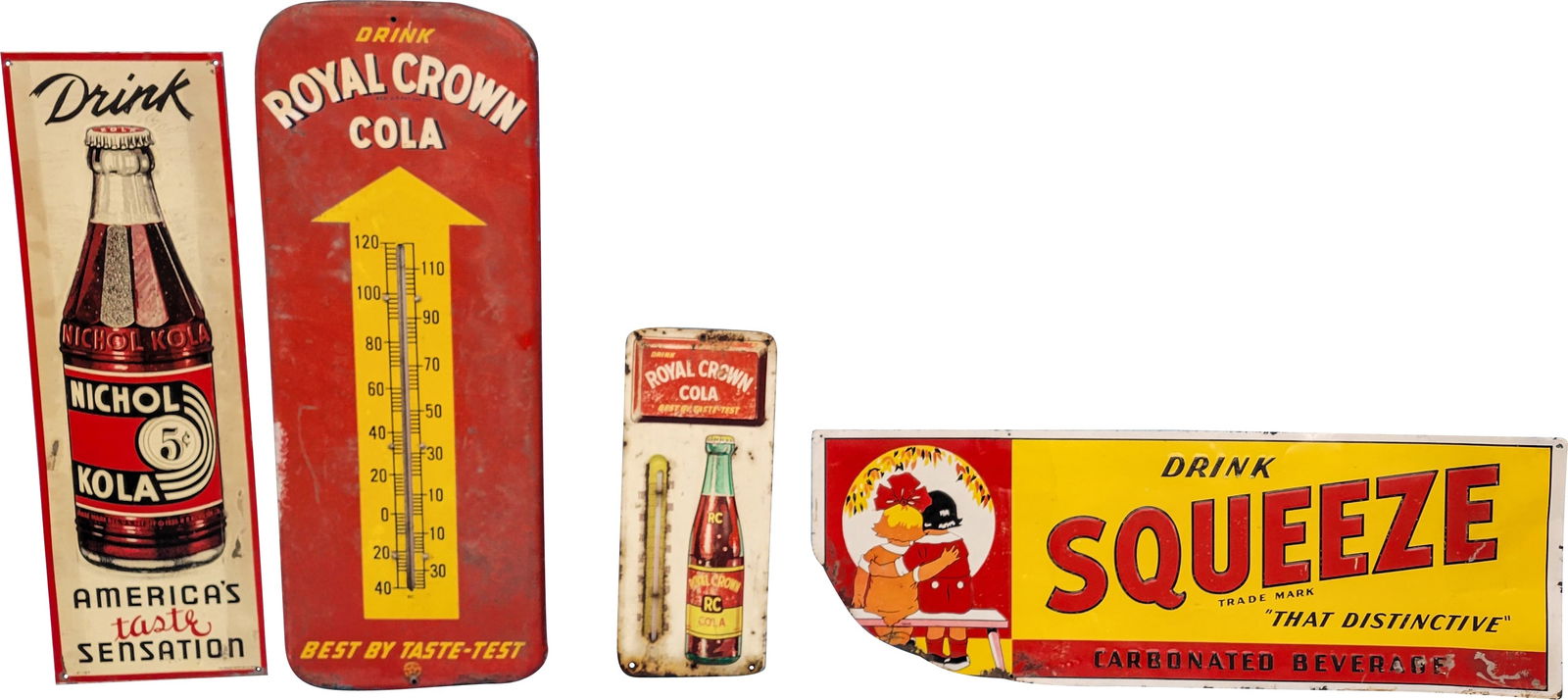 Group of 4 Two Single Sided Tin Signs & 2 Thermometers RC Squeeze & Nichol Kola (1 of 4)