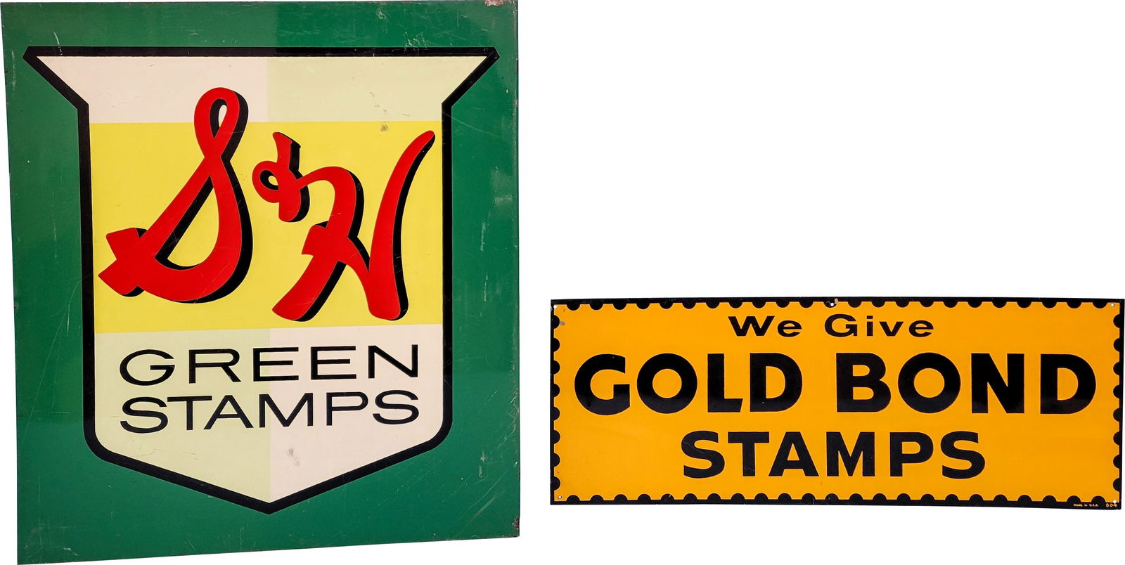 Group of Two Stamps Signs S&H Flange & Gold Bond Single Sided Tin (1 of 2)