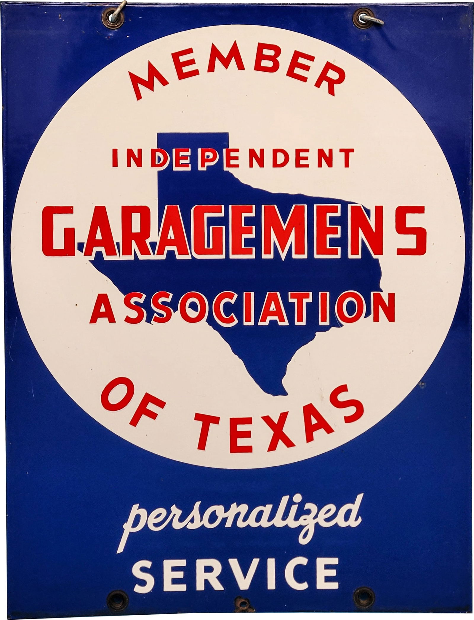 Independent Garagemen's Association of Texas Service Double Sided Porcelain Sign w/ Logo (1 of 2)