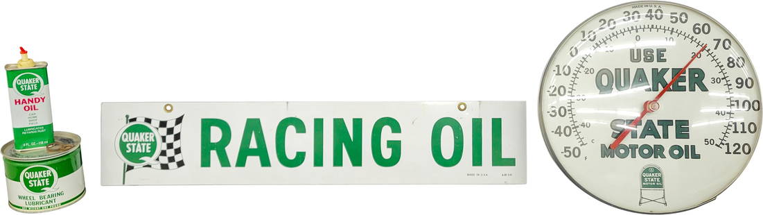 Quaker State Thermometer and Single Sided Porcelain Racing Oil Sign: This lot consists of three Quaker State items. A 26" x 5" DST (double sided tin) sign for Quaker State Racing Oil , featuring vibrant colors and in good condition. Both sides exhibit some scuffs and m