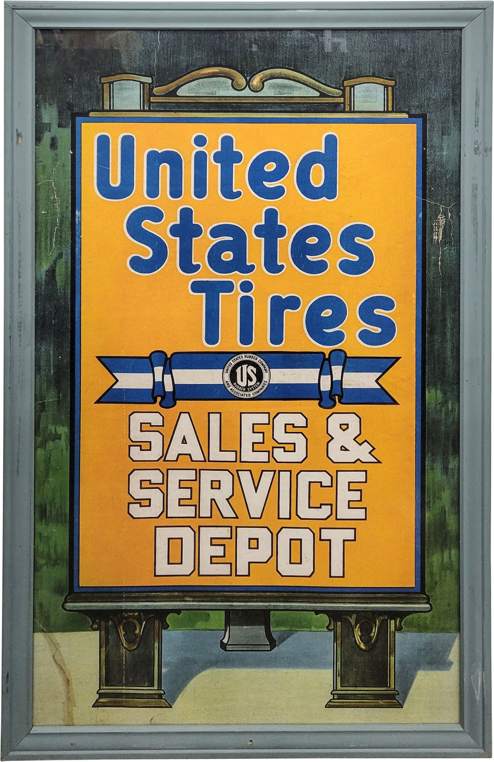 United States Tires "Sales & Service Depot" Framed SS Cardboard Sign (1 of 2)