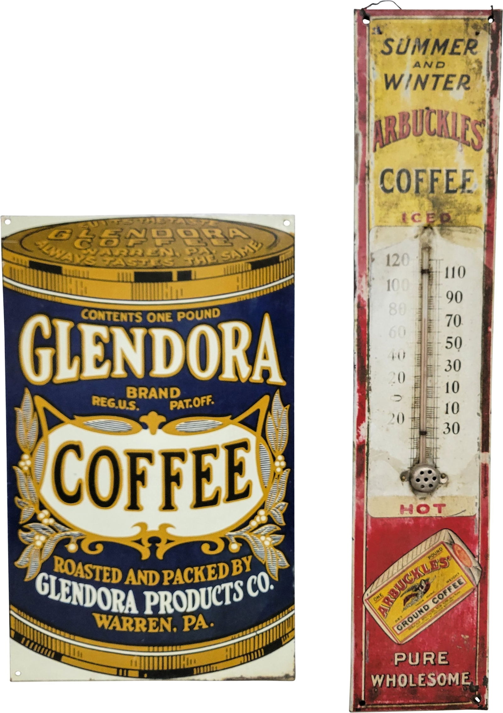 Group of Two Glendora Coffee Single Sided Tin Sign & Arbuckles Coffee Single Sided Tin Thermometer (1 of 2)