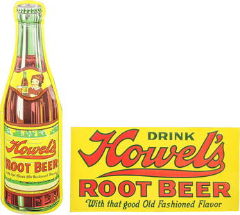 Group of Two Howell's Root Beer Bottle & Emb. Single Sided Tin Signs: 29.5" x 8.5", Group of two Howell's Root Beer signs includes an SST (single sided tin) bottle sign and SST (single sided tin) embossed sign. The bottle sign has light wear with fine scratches and scuf