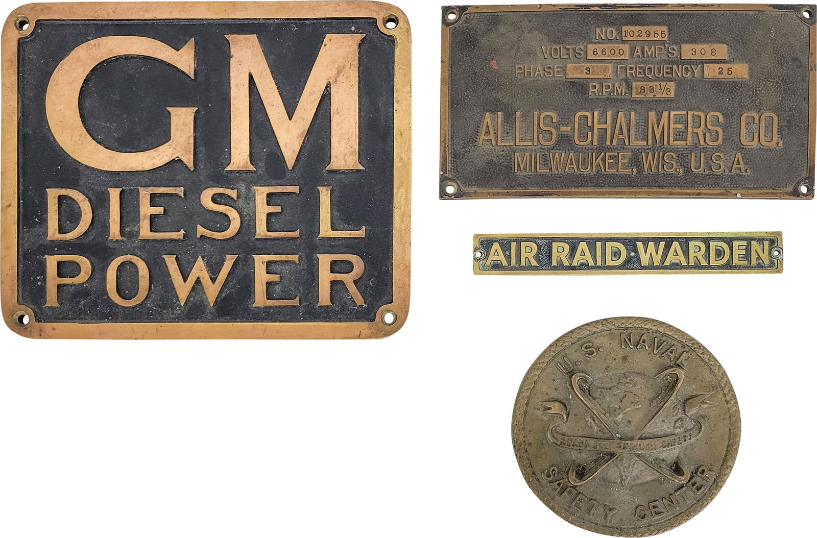 GM, Allis Chalmers, U.S. Navy and Air Raid Warden Embossed Plaques (1 of 4)