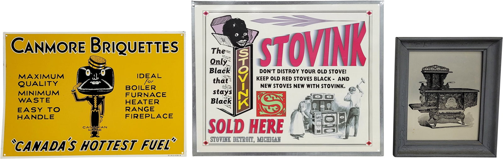 Canmore Briquettes and Stovink Signs: This lot consists of three signs, including a Canmore Briquettes SST (single sided tin) sign measuring 19.25" x 13.25" in excellent condition, exhibiting only minor scuffs. Additionally, there is a pl