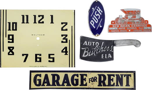 Auto Butchers Auto Club LA and misc. signs: This lot consists of five signs, which include an 11" x 4.5" Auto Butchers Club E. LA (Los Angeles) sign, a 6.5" x 3" SSP (single sided porcelain) door push sign, a 19" x 3.5" Garage For Rent SST (sin