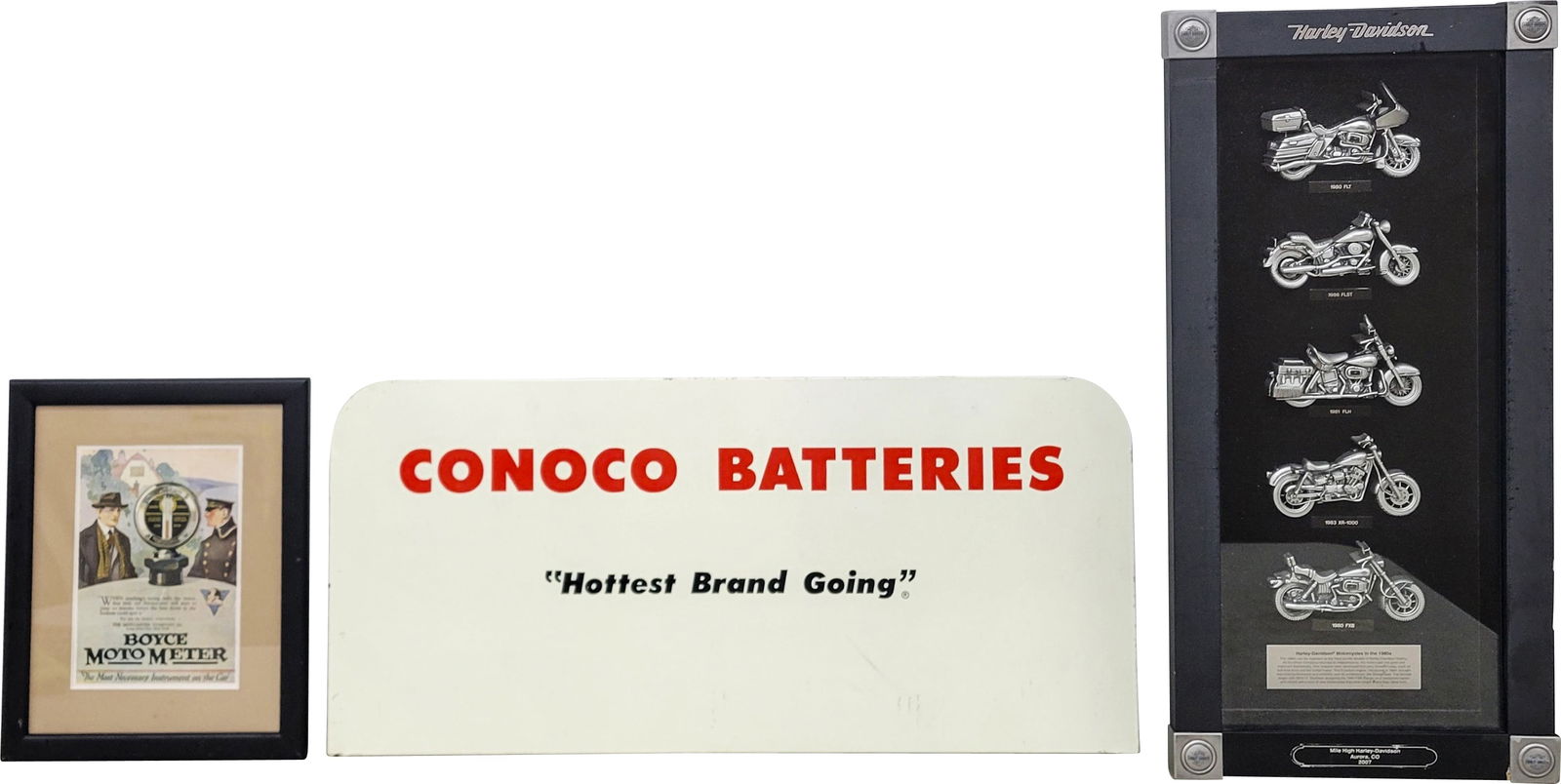 Lot of 3 - Conoco Batteries Sign Harley Davidson Motorcycles Display & Framed Boyce Moto Meter Ad (1 of 4)
