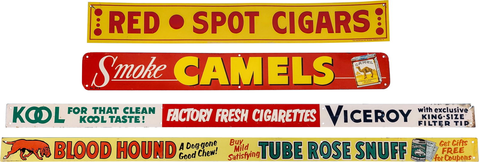 Group of Four Single Sided Tin Tobacco Strip Signs Blood Hound Kool Red Spot Camel (1 of 2)