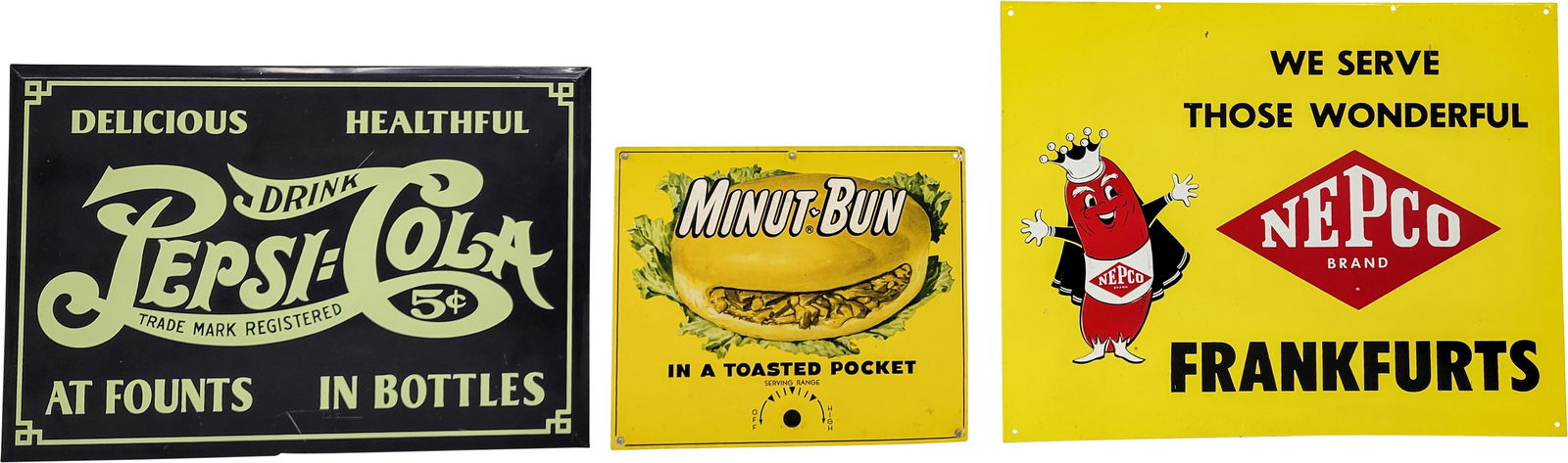 Pepsi Cola, Nepco Frankfurts, and Minut Bun Single Sided Tin Signs (1 of 2)